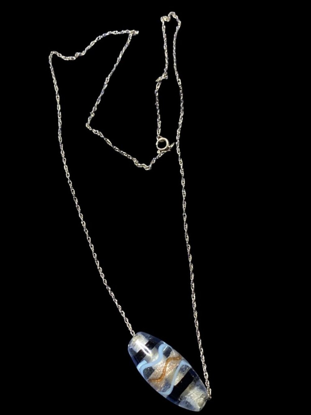 Vintage 10K White Gold Murano Glass Bead Necklace Lampwork Avventurina Blue 18"
